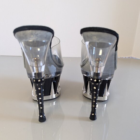 Y2K Tabu Chrome Black Shark Platform Stiletto Stripper Heels Rhinestone Studs 8 - Picture 2 of 12
